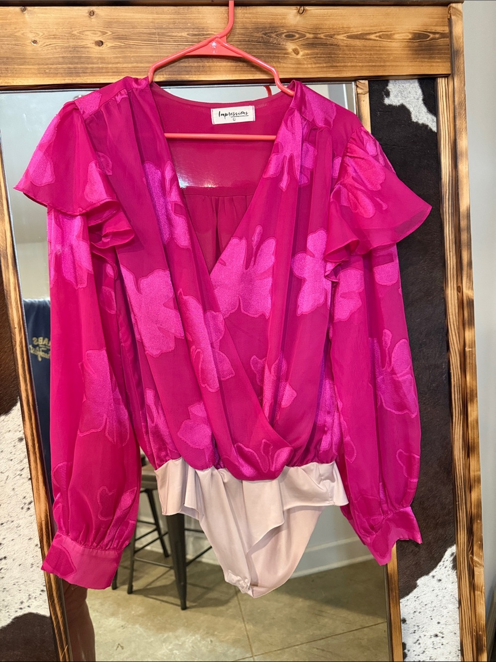 Impressions Hot Pink Floral Wrap Bodysuit with Cream Panel